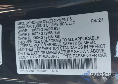 2021 Honda Accord Lx from USA, damaged, VIN 1HGCV1F18MA058475